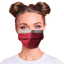 Load image into Gallery viewer,  Woman wearing ruby red + obsidian black mask
