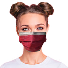 Load image into Gallery viewer,  Woman wearing ruby red + obsidian black mask