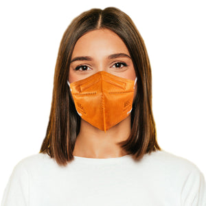 Woman wearing tangerine orange M95c Mask