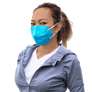 Woman wearing sapphire blue M95i mask